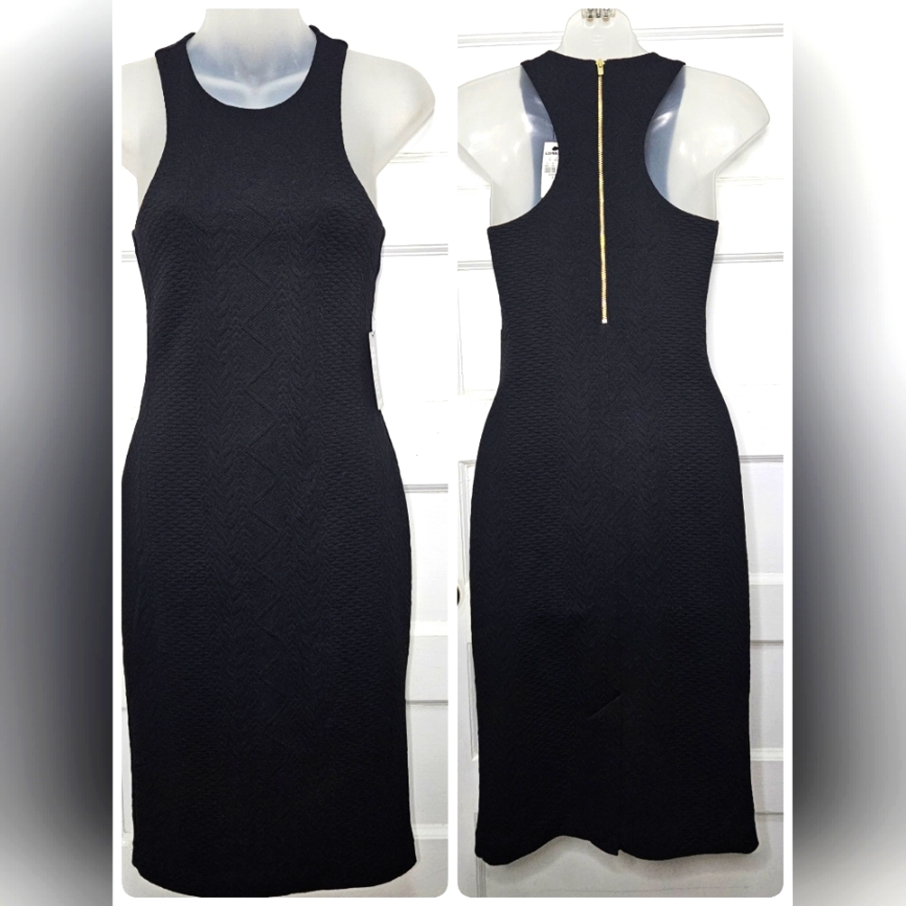 Express Black Racer Back Jacquard Midi Bodycon With Gold Zipper Back Sz 2